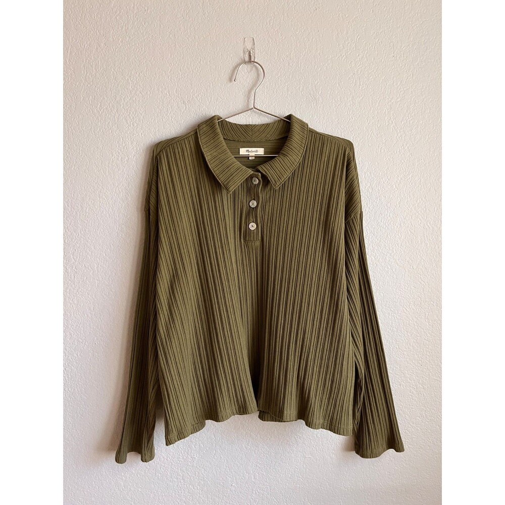 Madewell Women's Variegated Rib Boxy Polo Shirt in Desert Olive Size XL